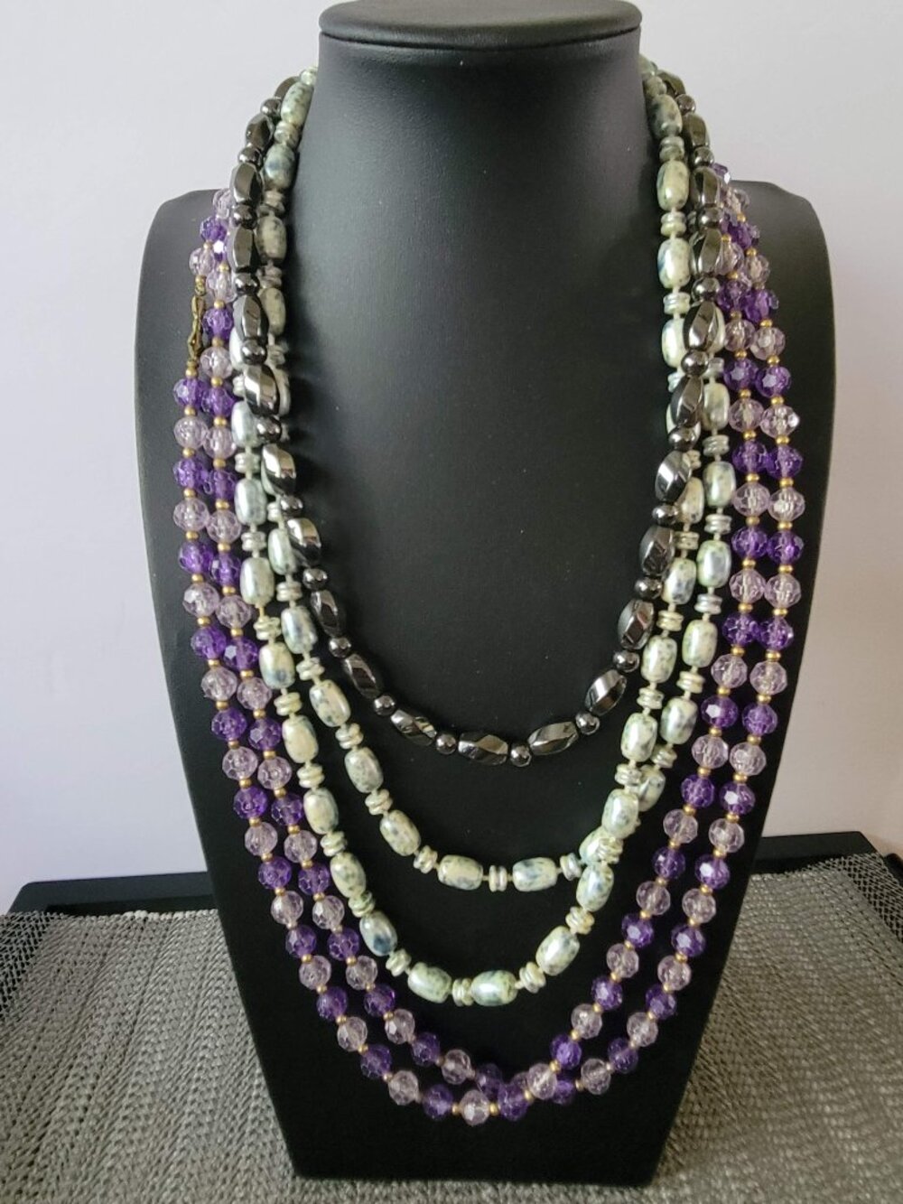 Lot of 3 Beaded Fashion Necklaces Purple Gray Black Magnetic Barrel Clasp Rope